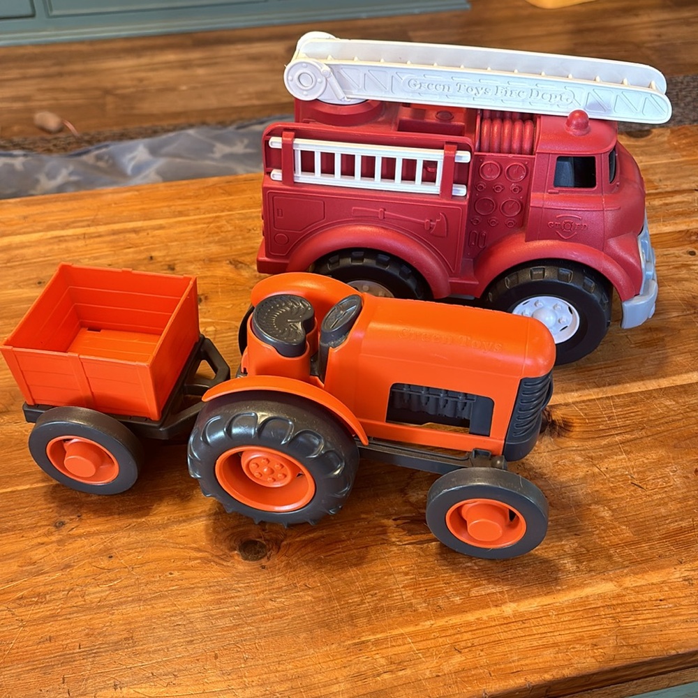 Green Toys Firetruck and Tractor with Trailer Set